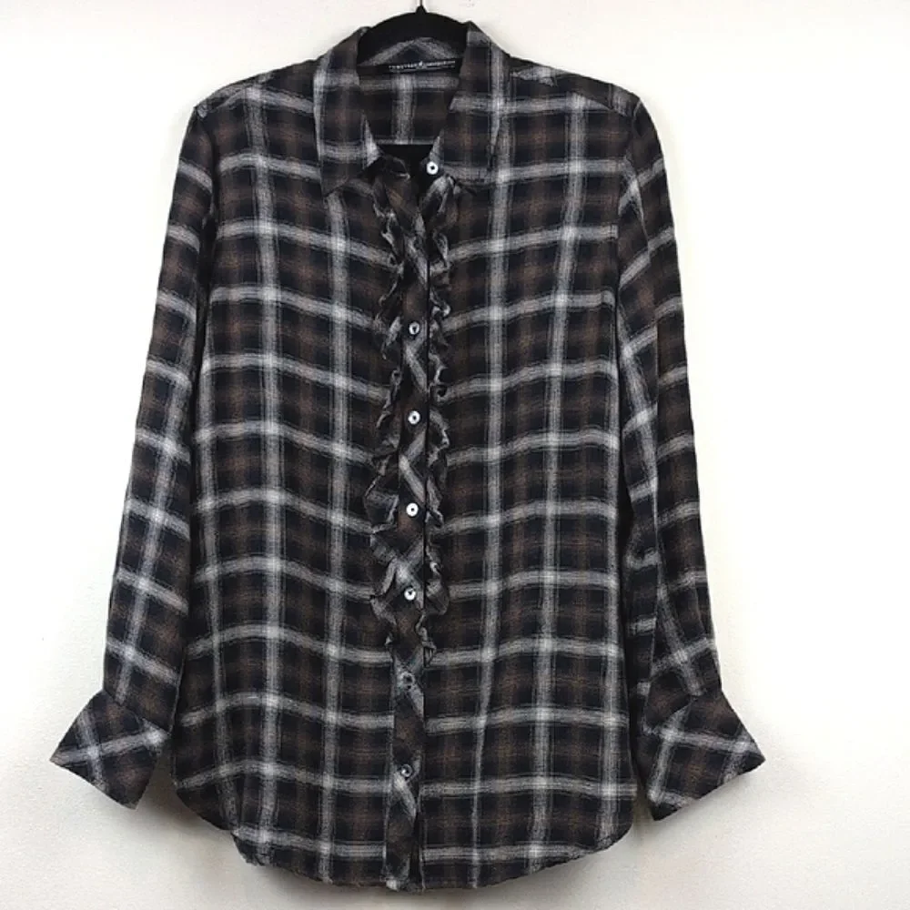 Peruvian Connection Ruffled Button Front Plaid Shirt Top Size M - Picture 8 of 8